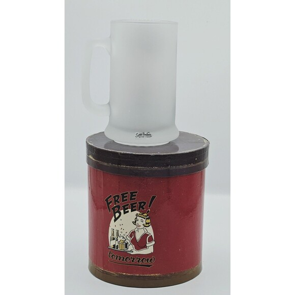 Vtg Santa Barbara Free Beer! Tomorrow 14 Oz Frosted Glass Mug With Box - Picture 4 of 9